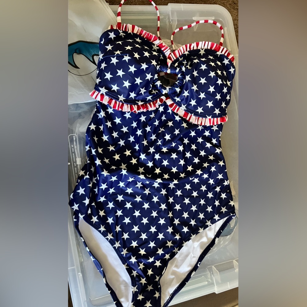 American Flag Stars Stripes Bandeau Ruffle Trim Swimsuit with Removable Straps - Picture 3 of 12